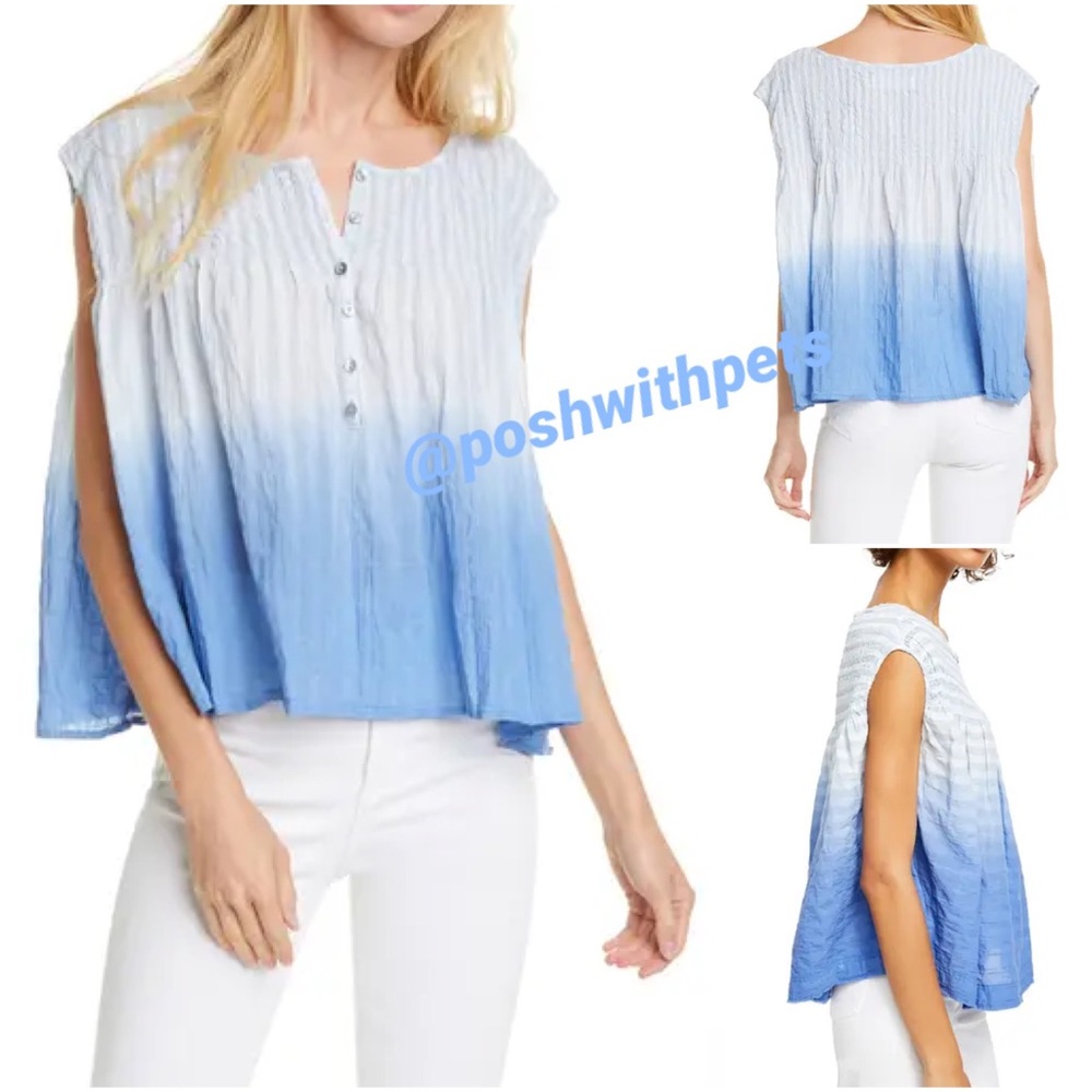 Free People NWT Little Bit of Something Blue Ombre Tie Dye Smocked Blouse New